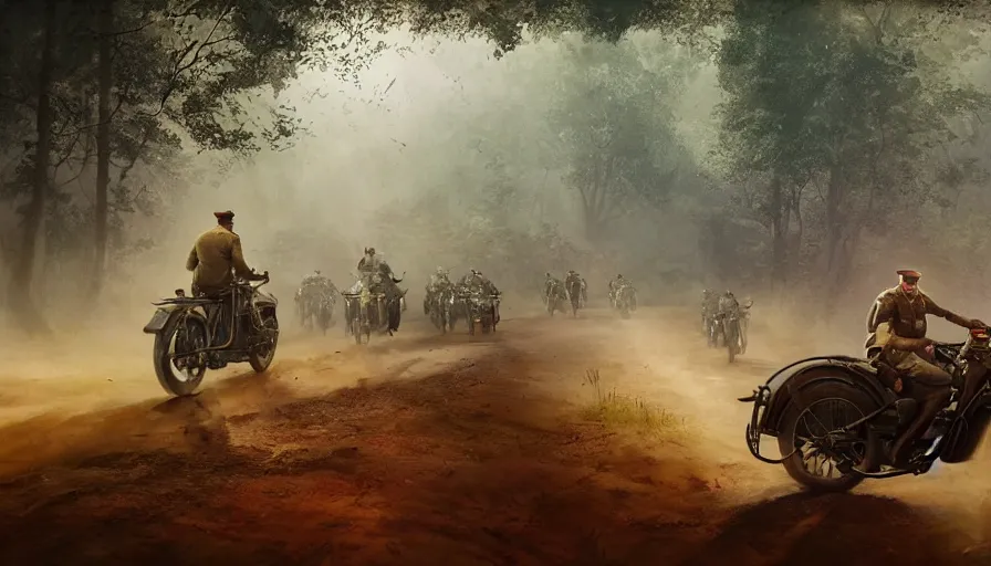 Prompt: a british officer driving a motorcycle at high speed in 1921 in kerala forest road, local people chasing to attack, furious action scene, chase, an epic fantasy, dramatic lighting, cinematic, establishing shot, extremely high detail, photorealistic, cinematic lighting, artstation, by simon stalenhag, horizon forbidden west