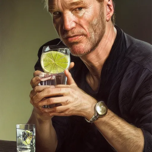 Image similar to portrait painting of tim berners lee drinking a vodka tonic, ultra realistic, concept art, intricate details, serious, highly detailed, photorealistic, octane render, 8 k, unreal engine. art by artgerm and greg rutk owski and alphonse mucha