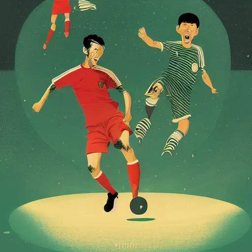 Image similar to illustration of soccer emotions, by Victo Ngai and James Gilleard and Bruce Pennington