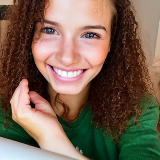 Image similar to Selfie photograph of a cute young woman smiling, long shiny bronze brown hair, full round face, emerald green eyes, medium skin tone, light cute freckles, smiling softly, wearing casual clothing, relaxing on a modern couch, interior lighting, cozy living room background, close-up shot, professional photography