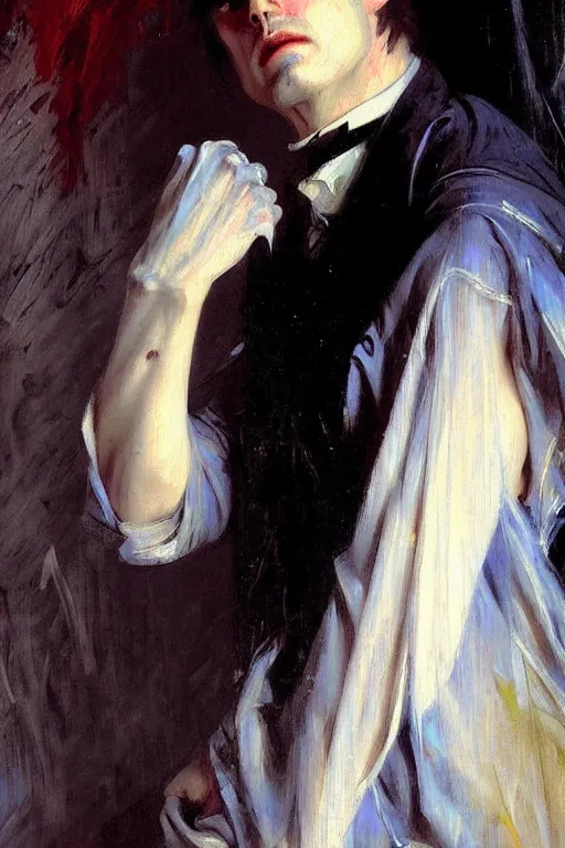 Image similar to impressionist brushstrokes!!!! giger and artgerm and richard schmid and jeremy lipking victorian loose genre loose painting full length portrait painting of a victorian male vampire