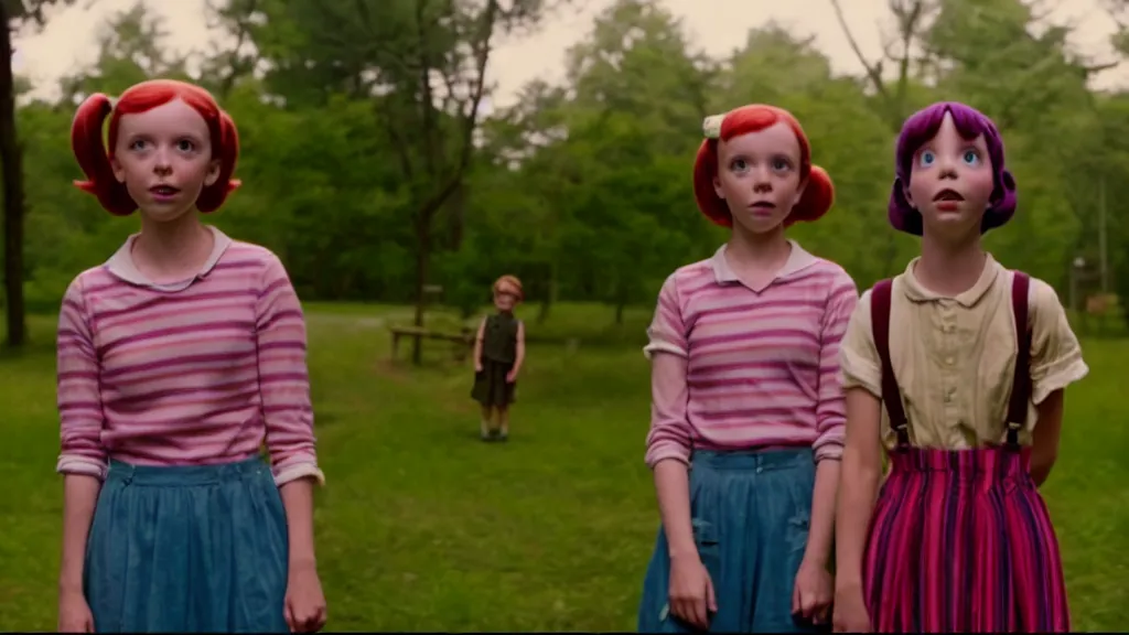 Prompt: a scene from pippi longstockings, a movie where millie bobby brown plays pippi. a quirky indie drama by director sophia coppola, blue - ray screenshot, filmed by roger deakins