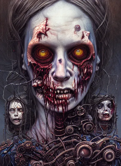 Prompt: portrait of zombie, hyper detailed masterpiece, dystopian background, jean giraud, digital art painting, darkwave goth aesthetic, lovecraftian, artgerm, donato giancola and tom bagshaw