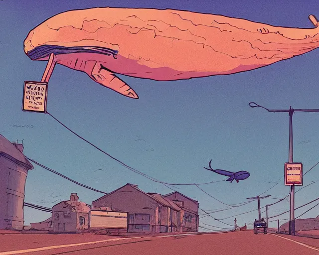 Image similar to a study of cell shaded cartoon of a flying blue whale on a country road, street lamps, road, illustration, wide shot, subtle colors, post grunge, concept art by josan gonzales and wlop, by james jean, Victo ngai, David Rubín, Mike Mignola, Laurie Greasley, highly detailed, sharp focus, alien, Trending on Artstation, HQ, deviantart, art by artgem