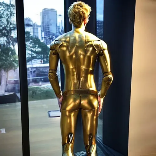 Image similar to “a realistic detailed photo of a guy who is an attractive humanoid who is half robot and half humanoid, who is a male android, twitch streamer Ninja Tyler Blevins, shiny skin, posing like a statue, blank stare”