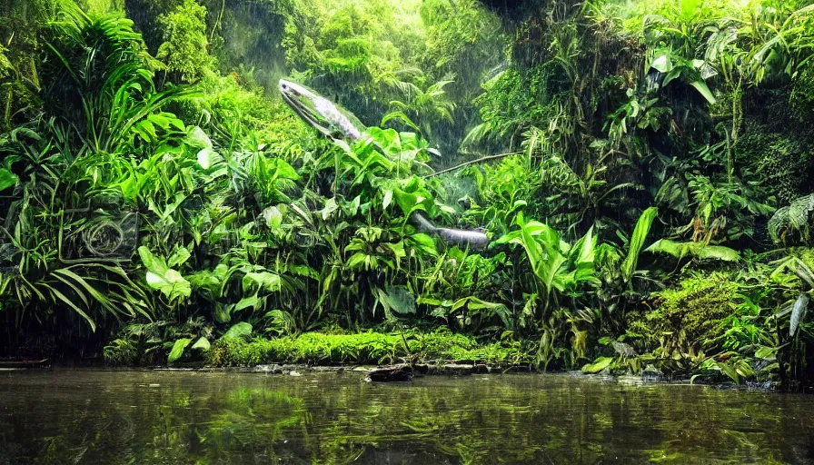 Prompt: a rainy foggy jungle, river with low hanging plants, there is a giant aligator in the water, it is glowing, great photography, ambient light