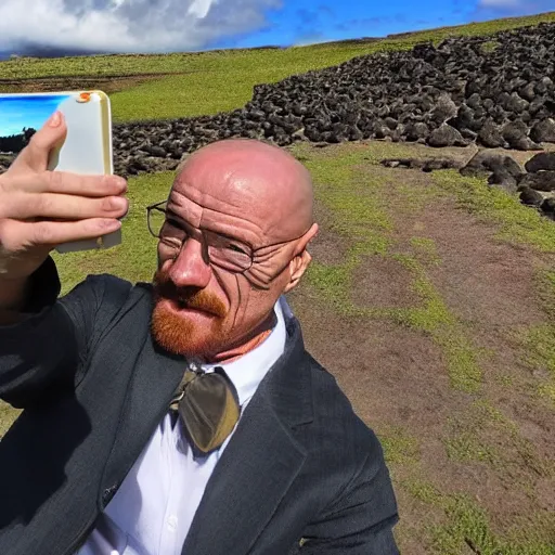 Image similar to walter white taking a selfie on rapa nui, moai