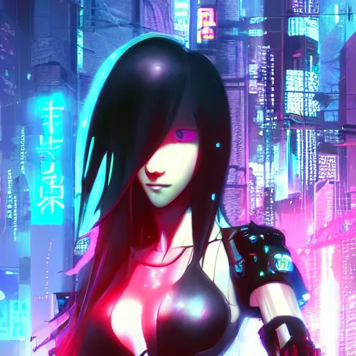 Image similar to 3 d digital cyberpunk anime!!, shattered cyborg - body, cyborg - girl, lightning, raining!!, water refractions!!, black red fade long hair!, biomechanical details, neon background lighting, reflections, wlop, ilya kuvshinov, artgerm