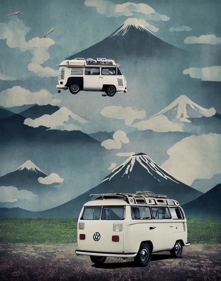 Image similar to vw camper touring rural japan, a collage painting, in the style of wes anderson, lola dupre, david hockney, isolated on negative white space background dark monochrome fluorescent spraypaint accents volumetric octane render, no double figure