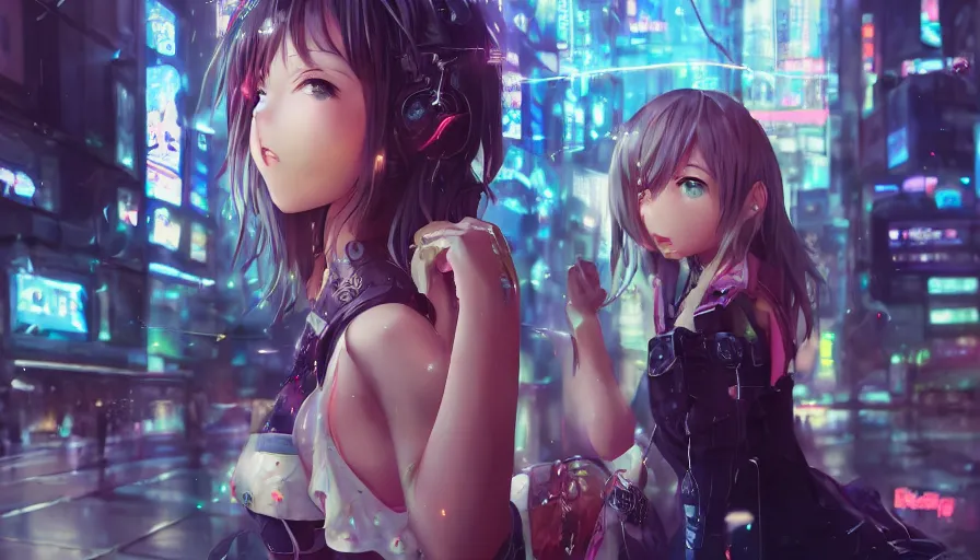 Image similar to cute anime girl in a cyberpunk city by wlop, detailed eyes, heterochromia, bright eyes, closeup, happy expression, laughing, short minidress, light clothing, posing, light rain, hyper real, detailed digital art, idol, photorealistic, trending on art station