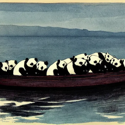 Image similar to a boat filled with pandas by winslow homer