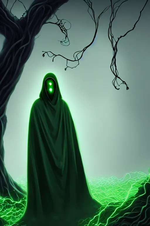 Image similar to A full body portrait of a ghost like character with no face, glowing eyes and a very long hooded dark green cloak of leaves and vines, forest spirits flying in the background art by Shaddy Safadi and Jason Chan, ominous, cosmic horror, trending on artstation, Ultra detailed, hyper realistic 4k