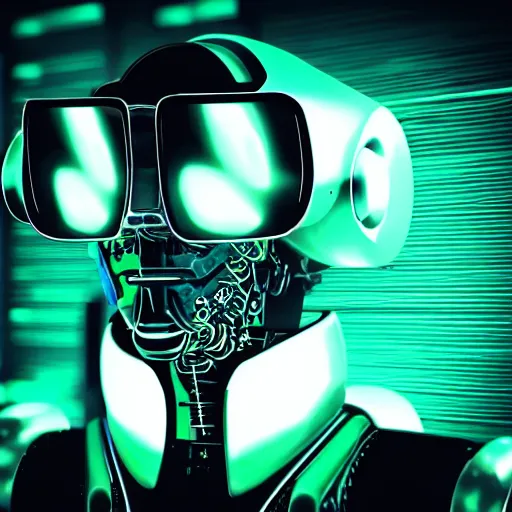 Prompt: Cyberpunk robot with sunglasses, virtual engine, neon edge, high definition, added detail