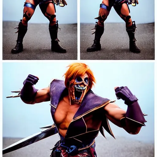 Image similar to cosplayer wearing cosplay based on a combination of he man and skelletor. photography, photo real. photoshoot. full body. action pose. hyper realistic.