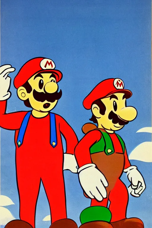 Prompt: a soviet propaganda poster with mario and luigi looking at the horizon, 1 9 5 2, futurism