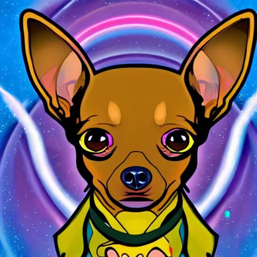 Prompt: a chihuahua with a third eye living in an extradimensional reality, in the style of goof troop, illustration, epic, fantasy, hyper detailed, smooth