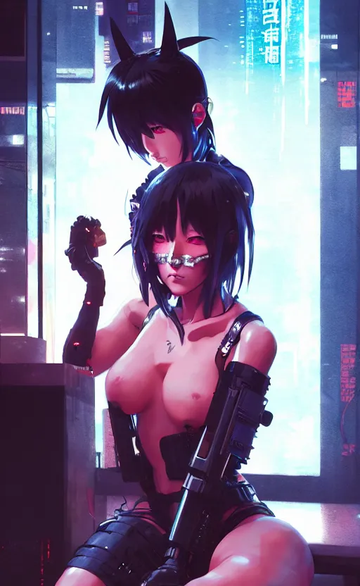 Prompt: cyberpunk anime girl sit in a night bar, cyberpunk oni mask, 3 / 4 shot, street night, beautiful face, grafity, arcane, detail, good face, pose model, concept art, in style of yoji shinkawa, pan ren wei, col price, atey ghailan, by greg rutkowski, aesthetic, digital painting, 3 d