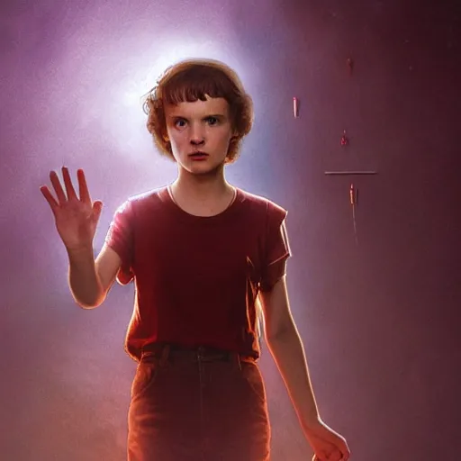 Image similar to Eleven from Stranger Things facing the camera with her hand outstretched with things floating all around her, fullbody, intricate, highly detailed, artstation, concept art, smooth, sharp focus, illustration, art by greg rutkowski and orientalism and bouguereau and Zdzislaw Beksinski, good clear quality, lighting, biology, symmetrical artwork, perfect face, 135 mm, cinematic, hyper realism, high detail, octane render, 8k, chrome accents