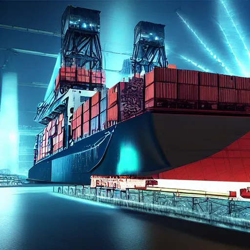 Image similar to photo of Immense industrial futuristic cargo ship arrives at cyber punk city sea port, cinematic lighting, photo