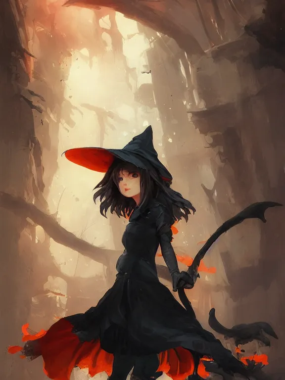 Image similar to Full shot of a cute mischievous young witch about to get up to some trouble. Black and Orange palette. By Ruan Jia and Artgerm and Range Murata and WLOP and CLAMP. Key Art. Fantasy Illustration. award winning, Artstation, intricate details, realistic, Hyperdetailed, 8k resolution.