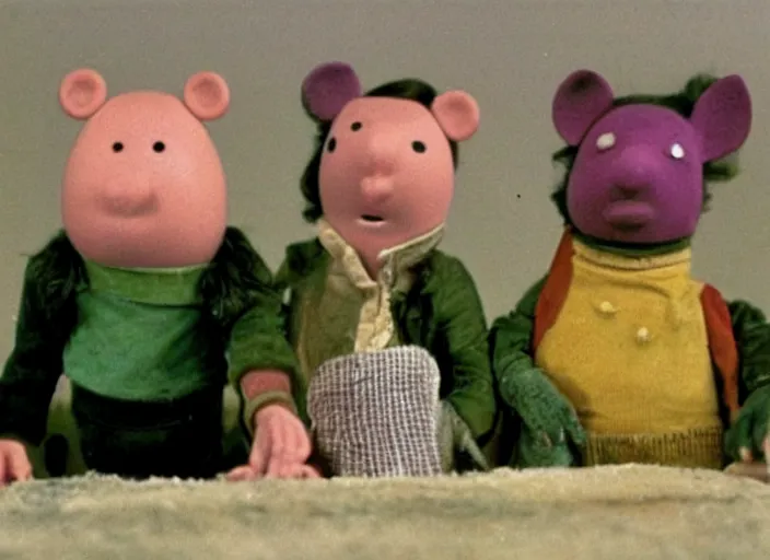 Prompt: a still from a 1 9 8 0 s british children ’ s bbc tv programme by oliver postgate, clangers, scarfolk, vhs distortion