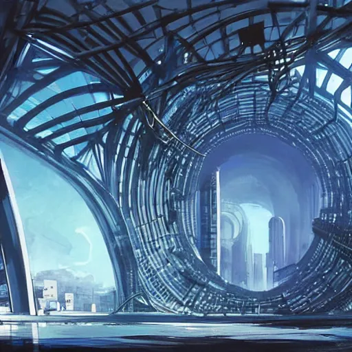 Prompt: centered circular derelict portal in a middle of a futuristic cityscape located under a bridgeway, world seen only through a portal, daylight, cinematic perspective, cinematic lighting, blue sky, syd mead, john harris, symmetrical