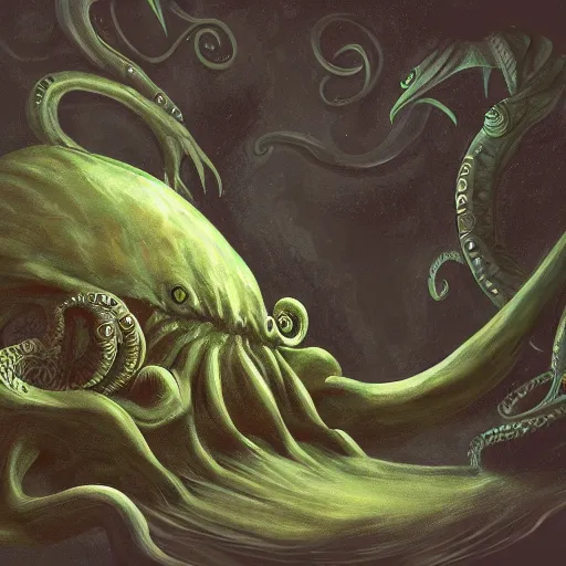 Image similar to cthulhu sleeps at r'lyeh. dramatic. wide angle. digital painting. trending on art station.