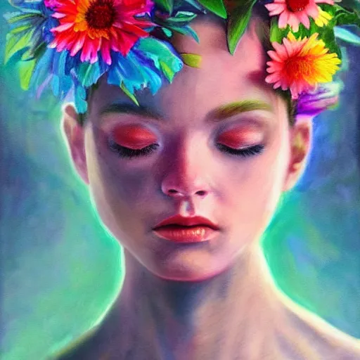 Image similar to super realistic painting of a human combined with flowers, colorful, highly detailed, 4k, trending on artstation