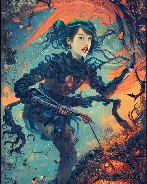 Prompt: a girl in a halloween costume, midshot single subject, ambient lighting, detailed, art poster by ayami kojima, makoto shinkai, kilian eng