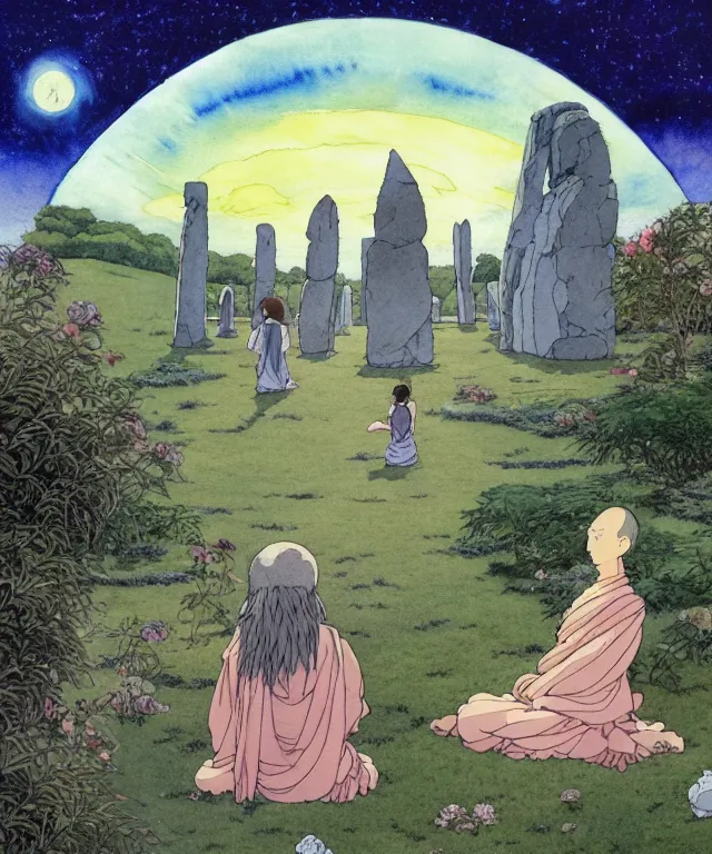 Image similar to a hyperrealist studio ghibli watercolor fantasy concept art. in the background is a giant long haired grey witch in lotus position sitting on top of stonehenge with a starry sky in the background. in the foreground is a group of tiny monks are on their knees. by rebecca guay, michael kaluta, charles vess