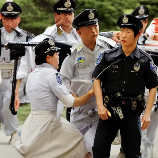 Prompt: yang yang getting arrested in the style of norman rockwell