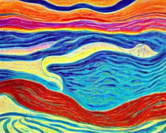 Image similar to Ocean waves in a psychedelic dream world. DMT. Curving rivers. Landscape painting by Edvard Munch. David Hockney.