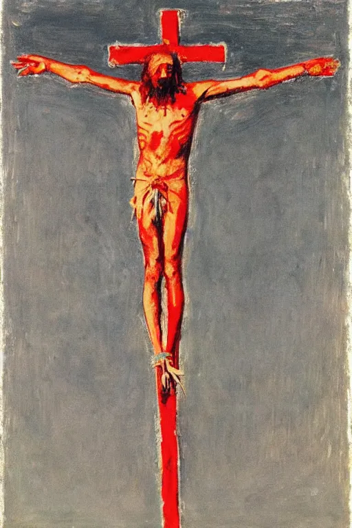 Image similar to bloody christ crucified and some bright ufo in the sky painted by cy twombly and andy warhol