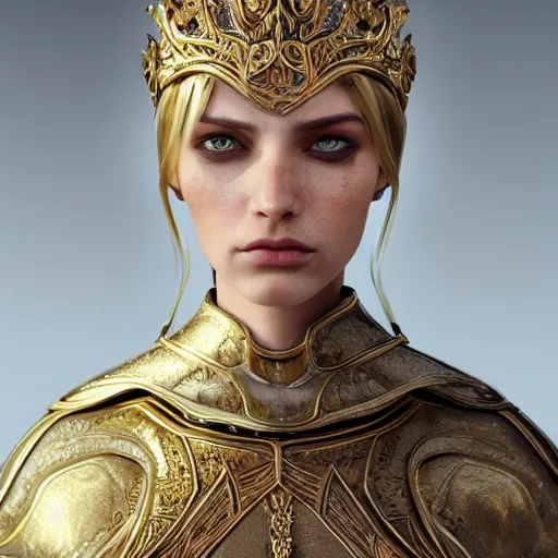 Prompt: centered detailed portrait the elfen queen, realistic character concept, beautiful crusader-man, identical eyes, gazing eyes, beautiful eyes medium shot, elegant pose, fantasy, illustration, slender symmetrical face and body, artstation, cinematic lighting, hyperdetailed, cgsociety, 8k, high resolution, Tom Richmond, single face, insanely detailed and intricate, octane render, golden ratio, dark fractal background, vfx, postprocessing, freckles, alluring.1.00:1