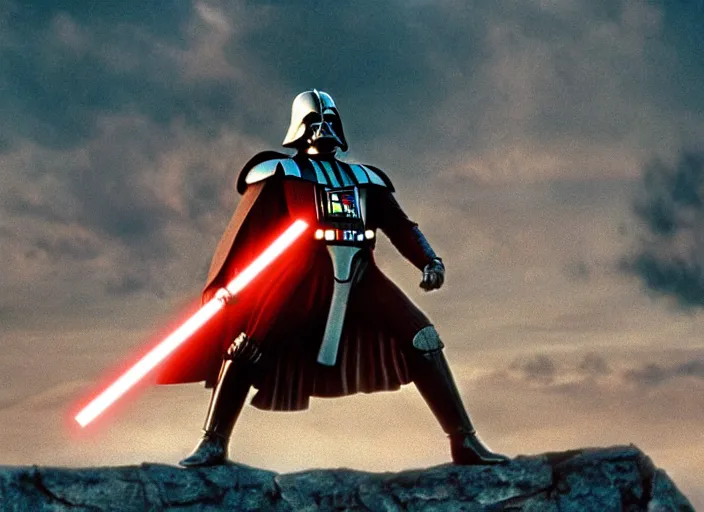 Image similar to film still of Darth Vader as Maximus in the arena with his arms up in Gladiator 2000, 4k