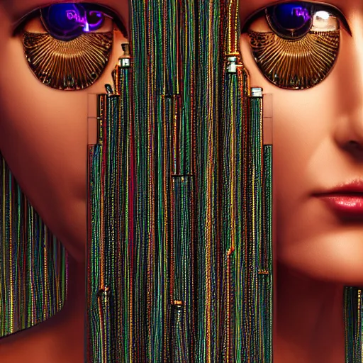 Image similar to tapping in to something greater, piles of modular synth cables, goddess portrait wearing a big headpiece made of circuit boards in a photo shoot for balenziaga, wlop, stanley kubrick, masamune, unique perspective, eastman color, perfect details, trending on artstation, 3 d render, smooth render, wlop