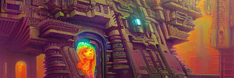 Image similar to a sprawling miniature cybernetic temple, surrounded by fractals, cybernetic faces, vaporwave aesthetic, colorful, psychedelic, digital painting, artstation, concept art, smooth, sharp focus, illustration, art by artgerm and greg rutkowski and alphonse mucha