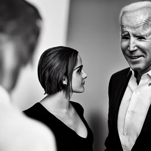 Image similar to emma watson face to face with president joe biden, nikon 3 5 mm, photograph