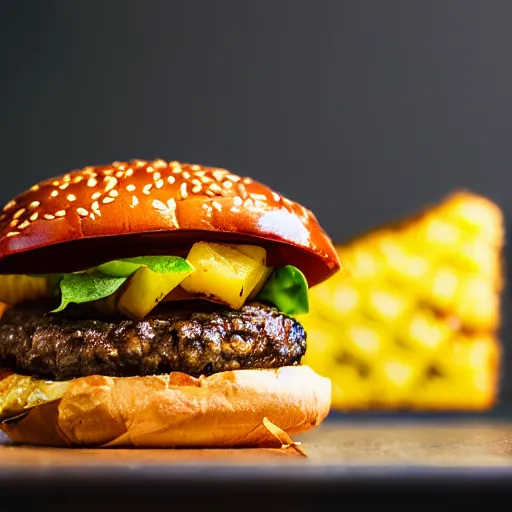 Image similar to juicy hamburger with crispy buns topped with pineapple, 8 k resolution, food photography, studio lighting, sharp focus, hyper - detailed