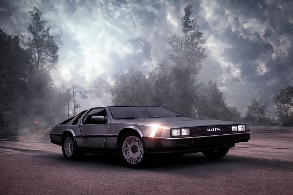 Image similar to ultra realistic delorean dmc 5 drifting on a ancient space highway, dark cinematic, volumetric, realistic, 3 d render, realistic render, cinematic lighting, volumetric lighting, atmospheric, cinematic, unreal engine 5, unreal engine render, octane render, hd, photorealism, hyper realistic, photo, 8 k