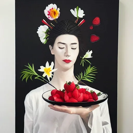 Prompt: “art in an Australian artist’s apartment, portrait of a woman wearing black silk cloth, eating luscious fresh raspberries and strawberries and blueberries, white wax, edible flowers, Japanese pottery, Australian native flowers ikebana, black walls, acrylic and spray paint and oilstick on canvas”