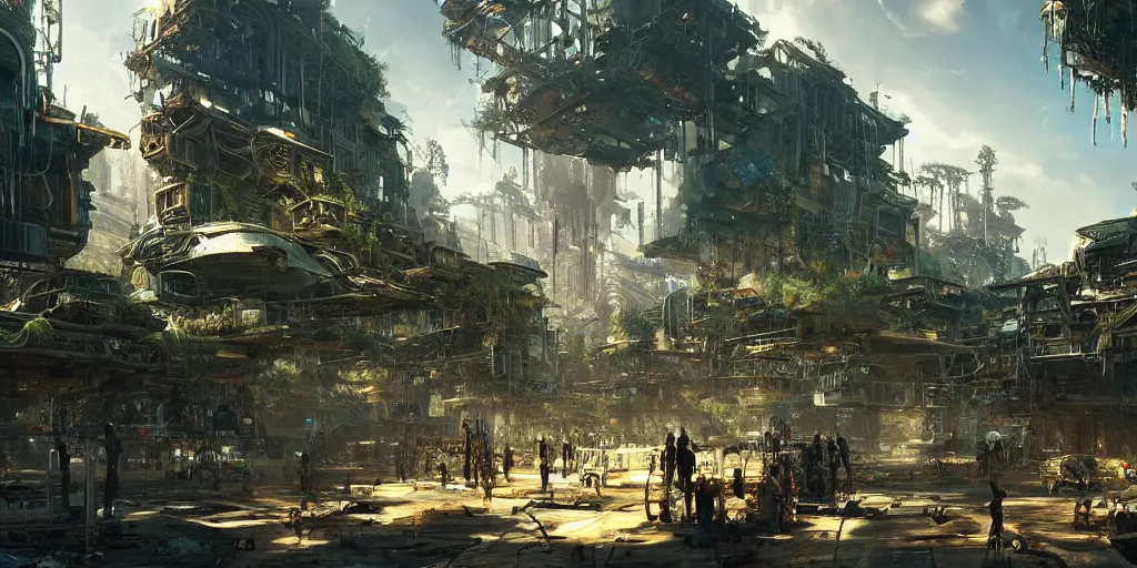 Prompt: screenshot of a bustling verdant biopunk marketplace in a massive makeshift city, dappled light, colossal arcing metal structures high in the sky, beautiful, awe inspiring, fps, by james gurney, greg rutkowski, sparth, cinematography, cinematic masterpiece