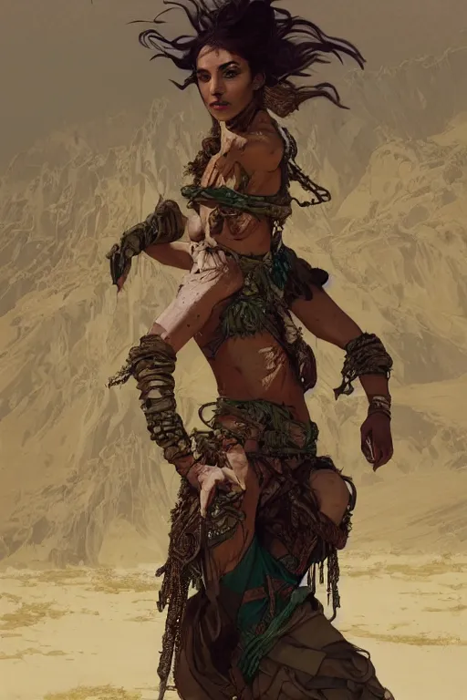 Image similar to a full body portrait of a beautiful post apocalyptic offworld desert bedouin thief savage rogue in beggars clothes in ballet pose by the emerald oasis pools, intricate, elegant, highly detailed, digital painting, artstation, concept art, smooth, sharp focus, illustration, art by krenz cushart and artem demura and alphonse mucha