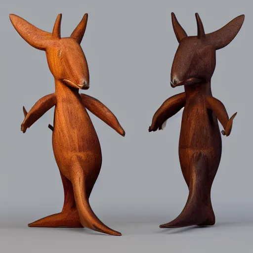 Prompt: every now an then, when i dream, i dream abou puppets, trending on artsstation, 8 k, high - res, cinema 4 d, depth of field a wooden figurine of two kangaroo whales with horns and a spiky tail wood : 1 0, native : - 1 0, naive : 3, exotic : 5