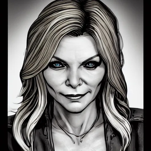 Image similar to michelle pfeiffer portrait, borderlands, tales from the borderlands, the wolf among us, comic, cinematic lighting, studio quality, 8 k