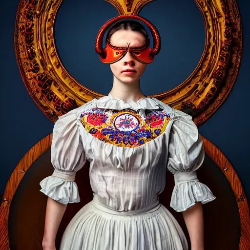 Image similar to Colour Caravaggio style full body portrait Photography of Highly detailed beautiful Woman wearing detailed Ukrainian folk costume designed by Taras Shevchenko with 1000 years perfect face wearing highly detailed retrofuturistic VR headset designed by Josan Gonzalez. Many details In style of Josan Gonzalez and Mike Winkelmann and andgreg rutkowski and alphonse muchaand and Caspar David Friedrich and Stephen Hickman and James Gurney and Hiromasa Ogura. Rendered in Blender and Octane Render volumetric natural light