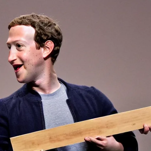 Prompt: mark zuckerberg holding a wooden coaster up to the camera