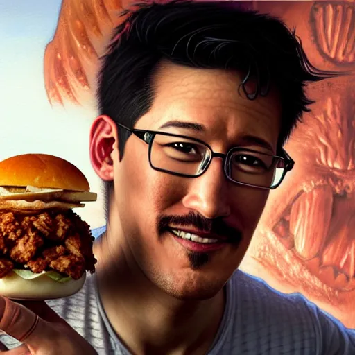 Image similar to Markiplier eating a KFC zinger, closeup, D&D style, fantasy, intricate, elegant, highly detailed, digital painting, artstation, concept art, matte, sharp focus, illustration, art by Artgerm and Greg Rutkowski and Alphonse Mucha