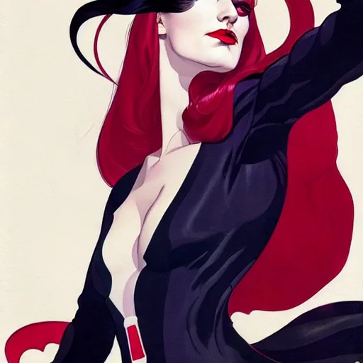 Image similar to Joshua Middleton comic art, wide shot, stunning elegant female Eva Green, kabuki mask, beautiful evil sneer, symmetrical face, symmetrical eyes, leather clothing and boots, long straight red hair, full body, Indigo occult pattern