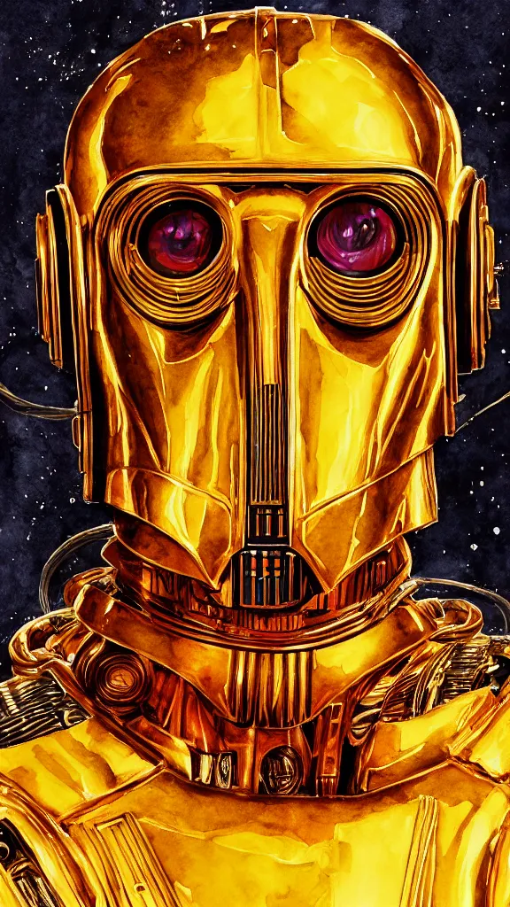 Image similar to a portrait of c - 3 po in watercolor. color harmony, 8 k detail, gallery quality, hd wallpaper, premium prints available, hyper - detailed, intricate design.